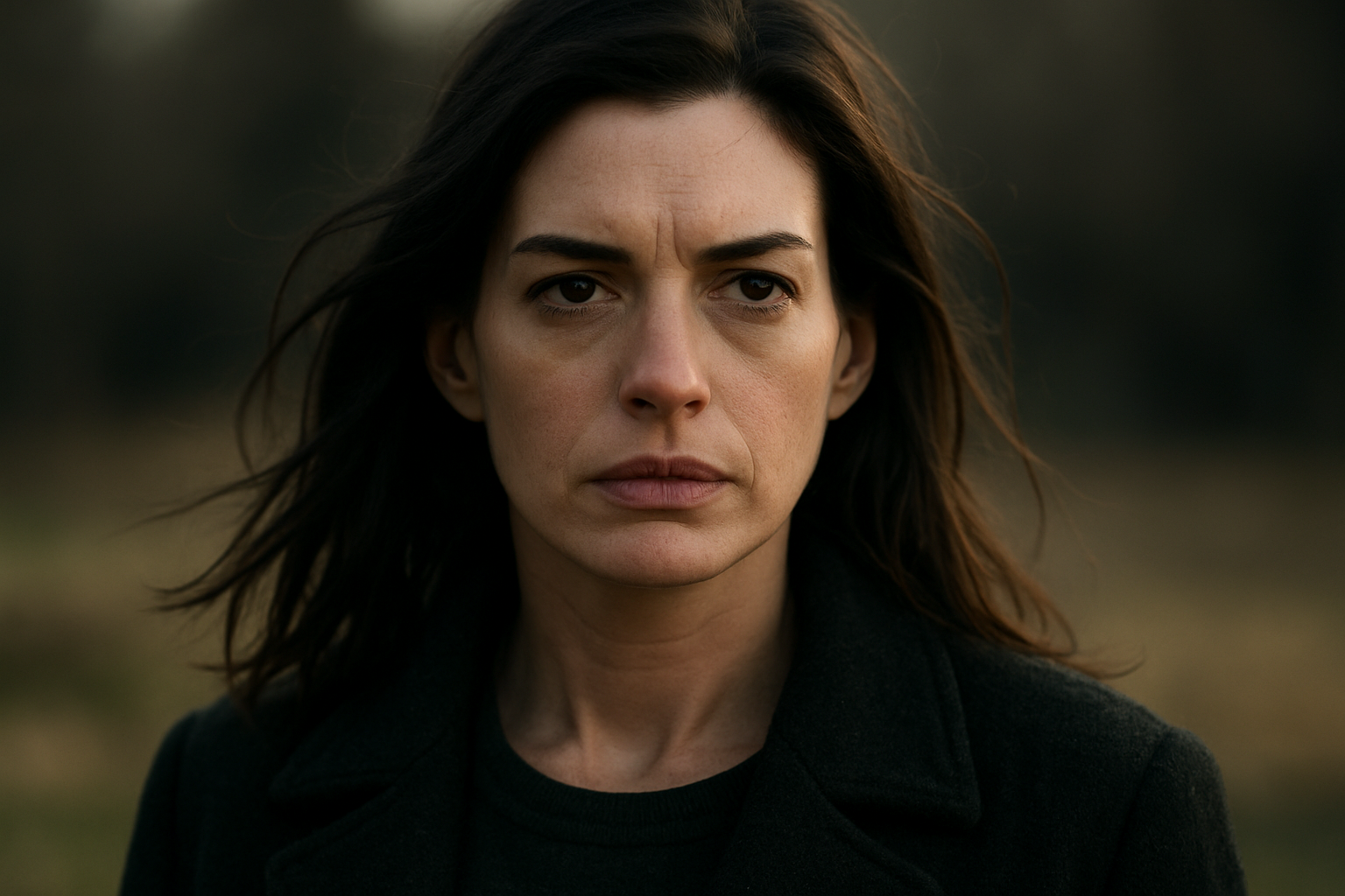 Anne Hathaway looking powerful and confident, with a collage of her 2026 movie posters subtly in the background