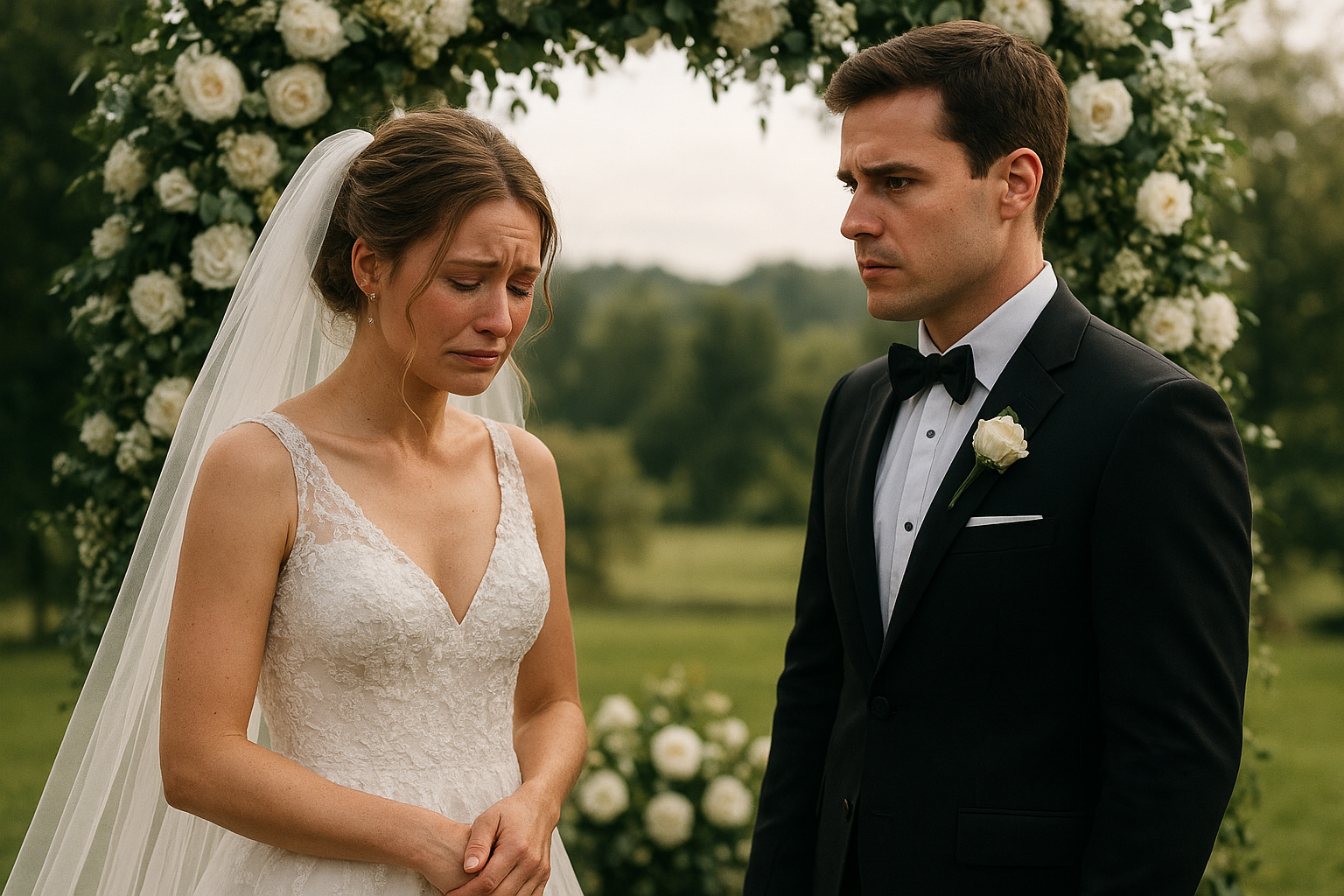 A dramatic split-screen image showing a smiling bride and a groom looking shocked at the altar, with a blurred wedding venue in the background.